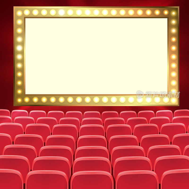 Rows of red cinema or theater seats in front of black blank screen. Wide empty movie theater auditorium with red seats. Vector illustration